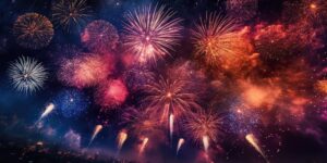 A variety of colorful fireworks against a dark night sky.