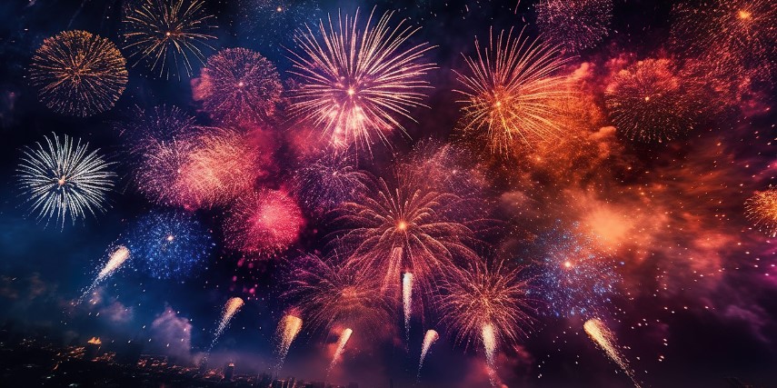 A variety of colorful fireworks against a dark night sky.