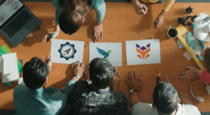 Aeriel view of a group of people discussing new logo options sitting around a table