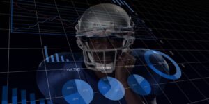 Dim image of a football player with stats in the foreground.
