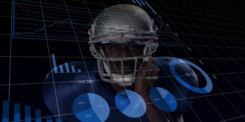 Dim image of a football player with stats in the foreground.
