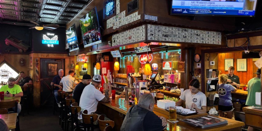 View of the bar inside Adams Bar and Grill in St. Joseph, Missouri.