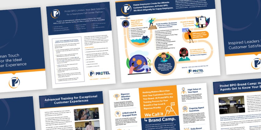 Spread of Protel branding, exhibiting consistent branding across materials.