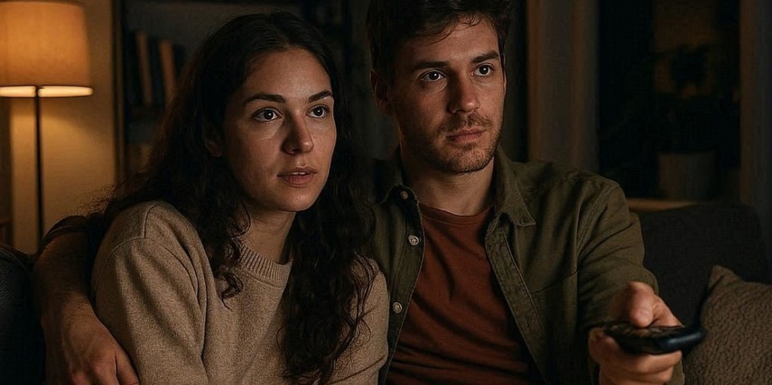 A couple sits in the dark, engrossed in a movie they are watching.