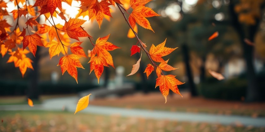 Close-up of orange leaves with a park road in the background.
