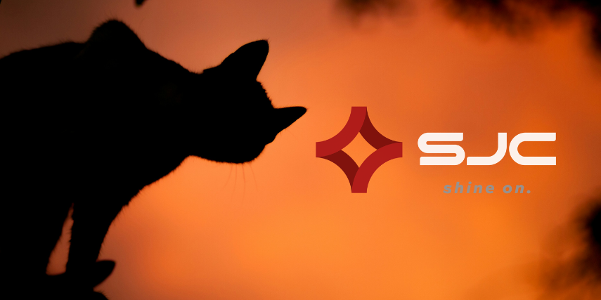 The silhouette of a cat against an orange, foggy sky with the SJC logo featured.